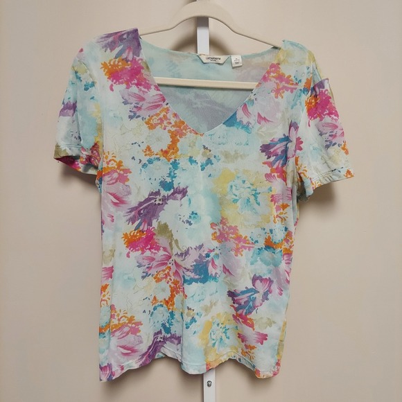 Liz Claiborne Tops - Liz Claiborne XL Floral Mesh V-Neck Short Sleeve Top Watercolor Fairy 90s